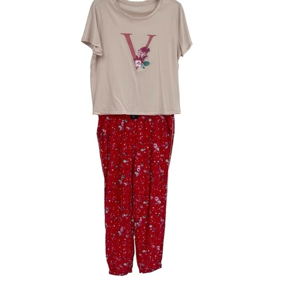 Victorias Secret Cotton And Flannel Pajama Set PJ Red Pink Starry Floral Size M - Picture 4 of 10